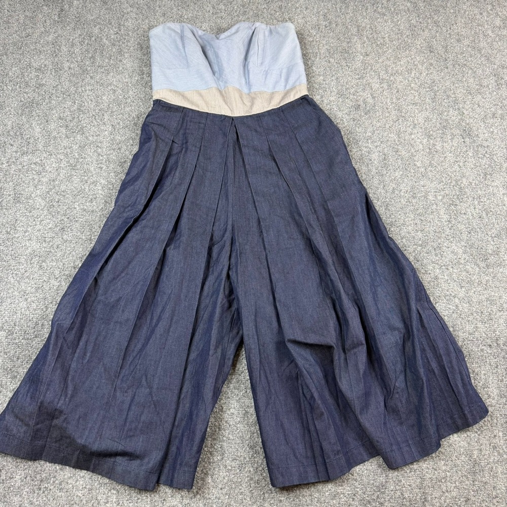 Elevenses Mirabelle Culotte Jumpsuit Women 8 Blue Strapless Wide Anthropologie